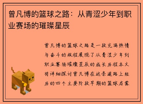 曾凡博的篮球之路：从青涩少年到职业赛场的璀璨星辰