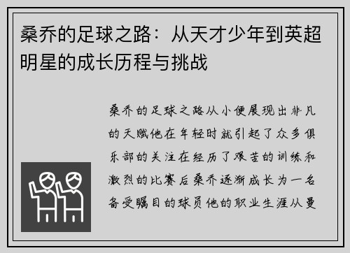 桑乔的足球之路：从天才少年到英超明星的成长历程与挑战